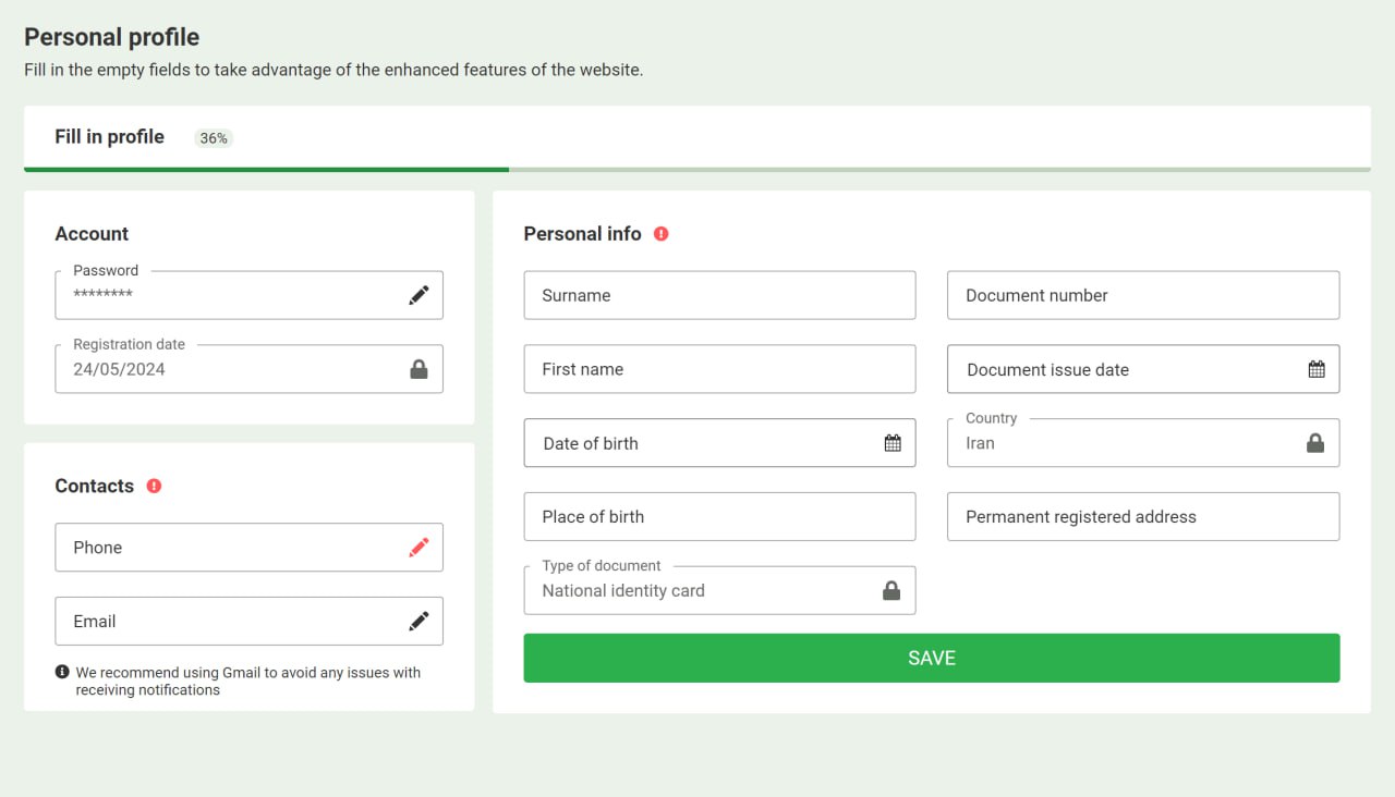 تکمیل پروفایل linebet